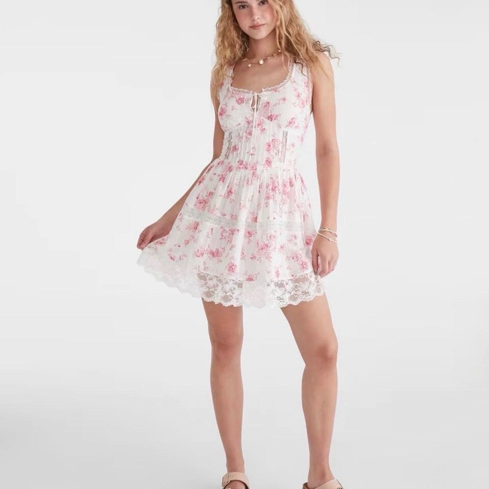 White and Pink Floral Lace Dress